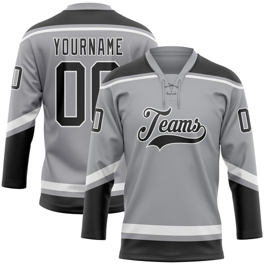 Custom Gray Black-White Hockey Lace Neck Jersey - Main View