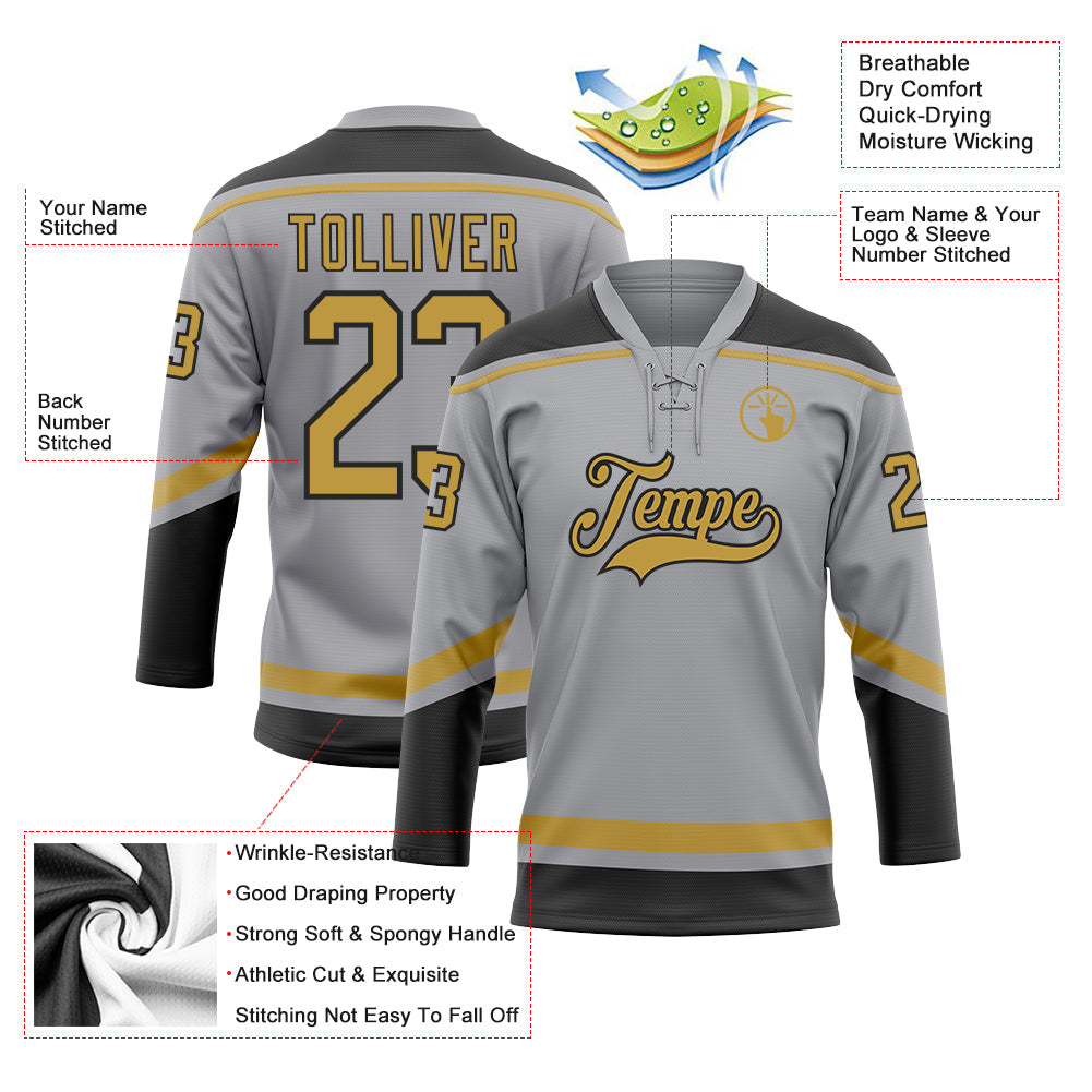 Custom Gray Old Gold-Black Hockey Lace Neck Jersey view 3