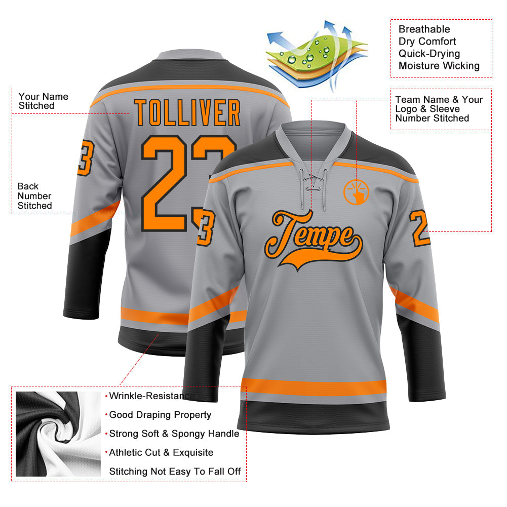 Custom Gray Bay Orange-Black Hockey Lace Neck Jersey view 3