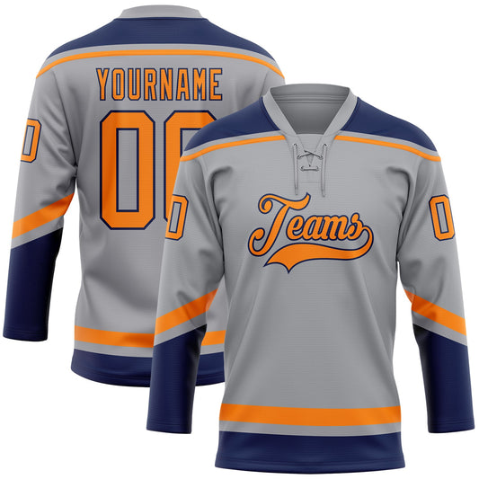 Custom Gray Bay Orange-Navy Hockey Lace Neck Jersey - Main View
