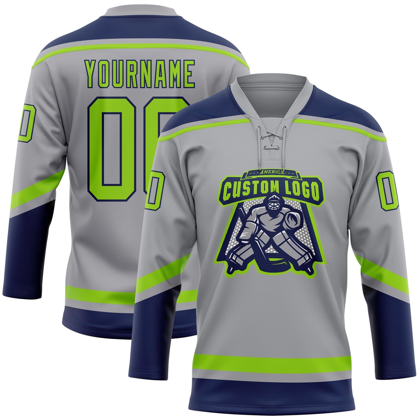 Custom Gray Neon Green-Navy Hockey Lace Neck Jersey view 2