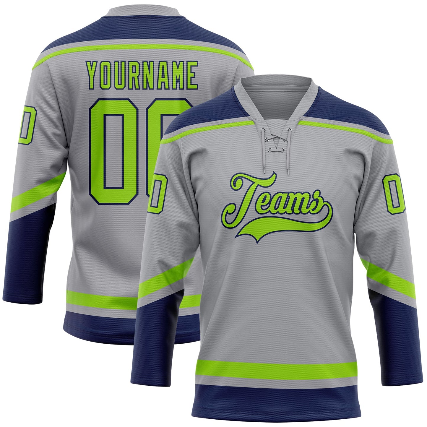 Custom Gray Neon Green-Navy Hockey Lace Neck Jersey - Main View