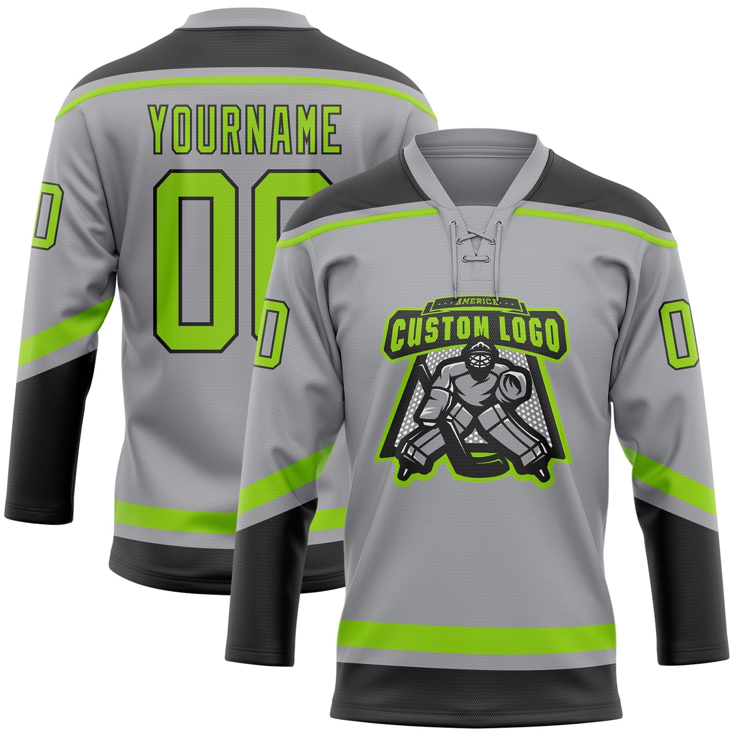Custom Gray Neon Green-Black Hockey Lace Neck Jersey view 2