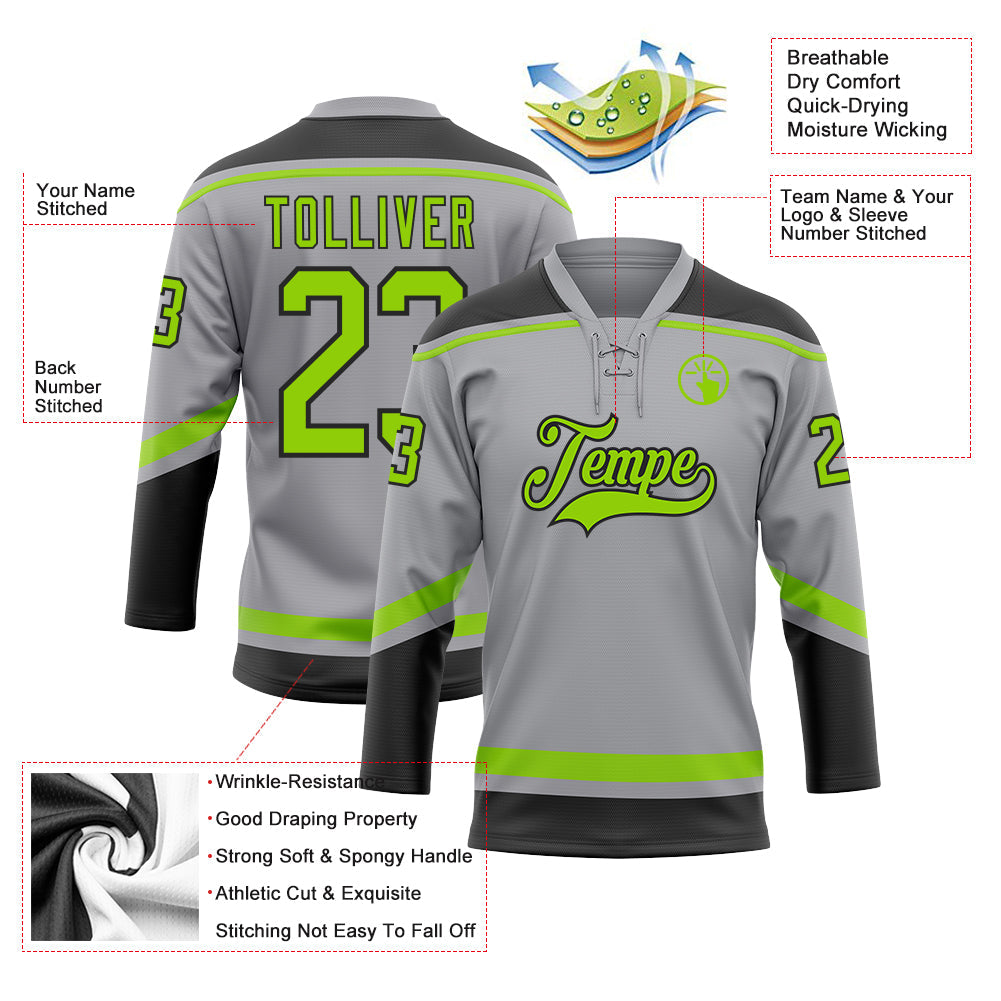 Custom Gray Neon Green-Black Hockey Lace Neck Jersey view 3
