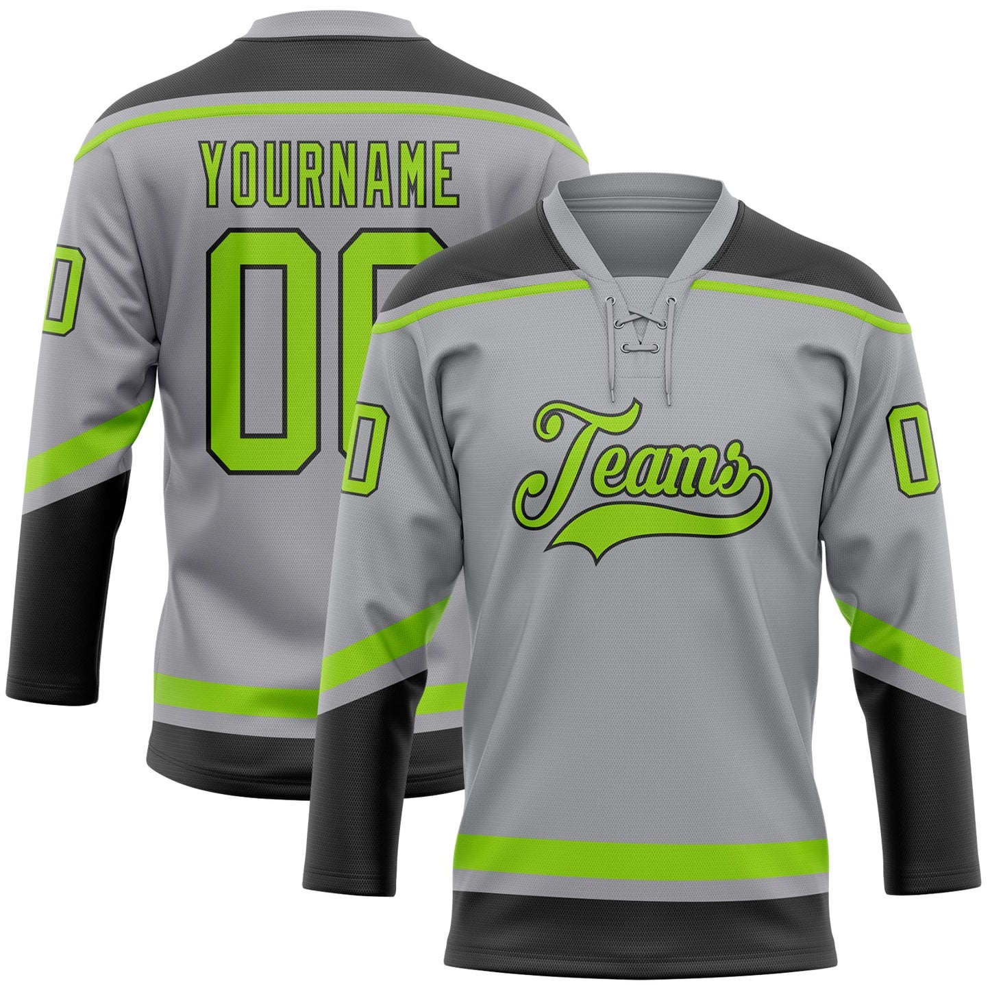 Custom Gray Neon Green-Black Hockey Lace Neck Jersey - Main View