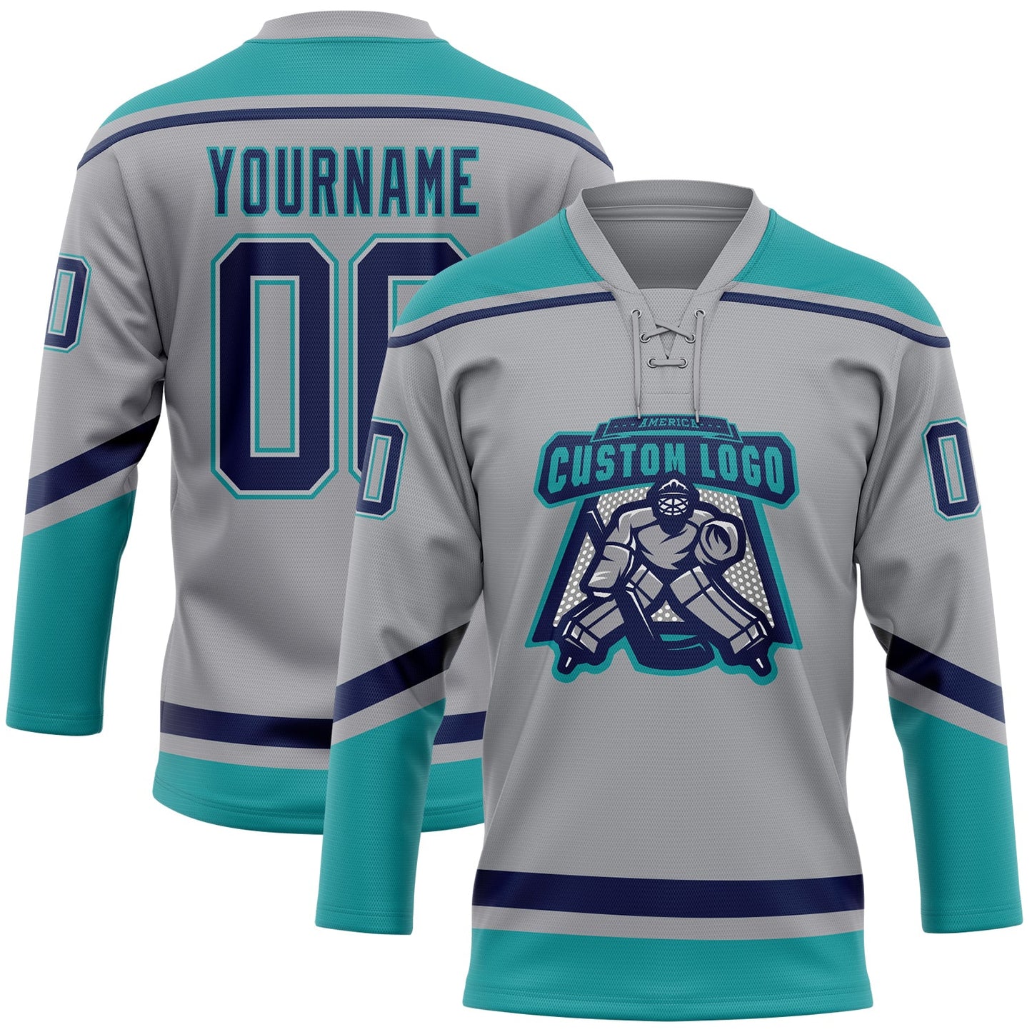 Custom Gray Navy-Teal Hockey Lace Neck Jersey view 2