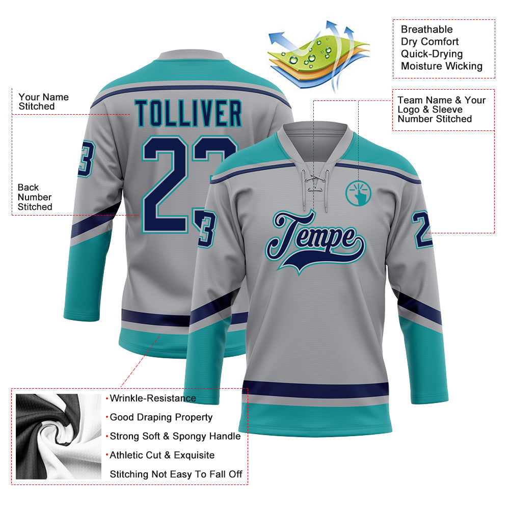 Custom Gray Navy-Teal Hockey Lace Neck Jersey view 3