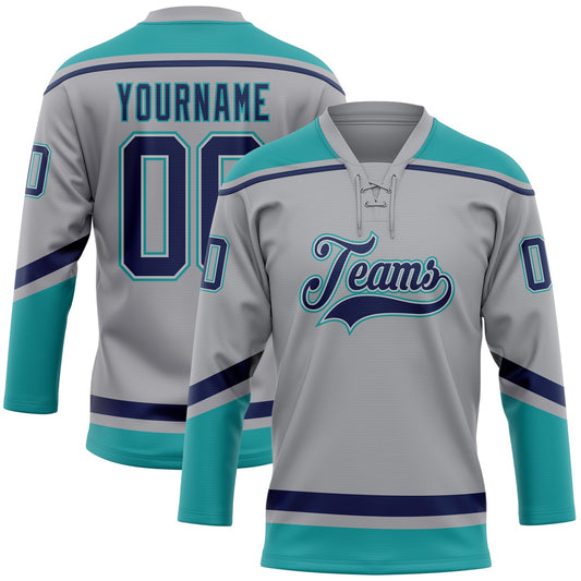 Custom Gray Navy-Teal Hockey Lace Neck Jersey - Main View