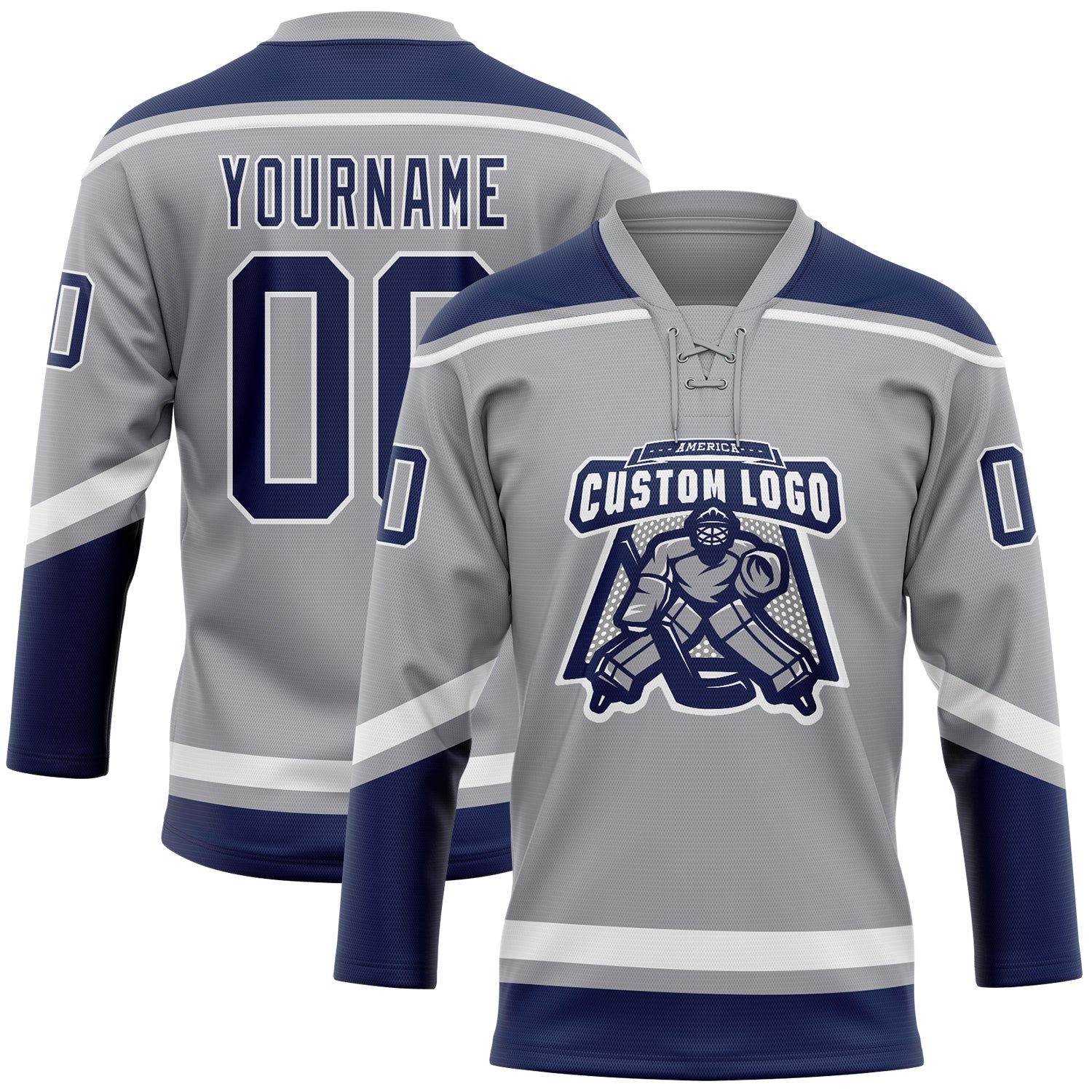 Custom Gray Navy-White Hockey Lace Neck Jersey view 2