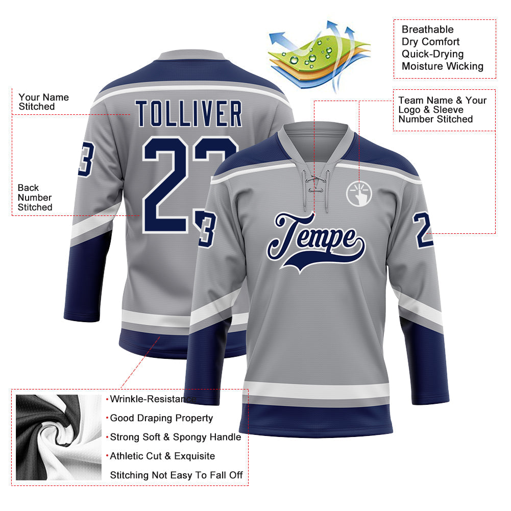 Custom Gray Navy-White Hockey Lace Neck Jersey view 3