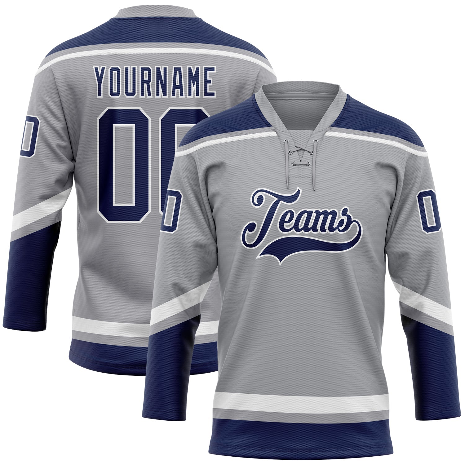 Custom Gray Navy-White Hockey Lace Neck Jersey - Main View