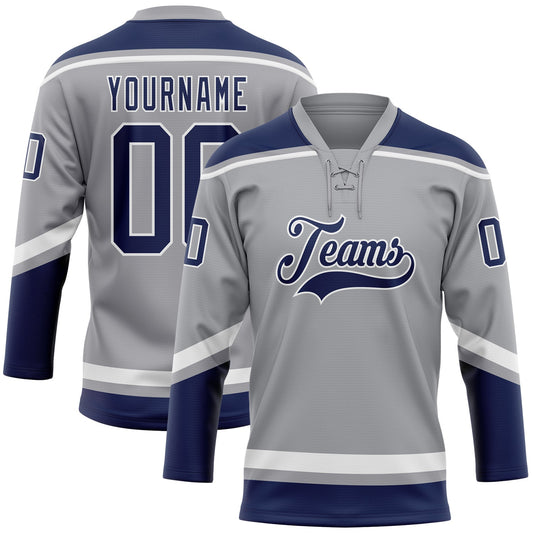 Custom Gray Navy-White Hockey Lace Neck Jersey - Main View