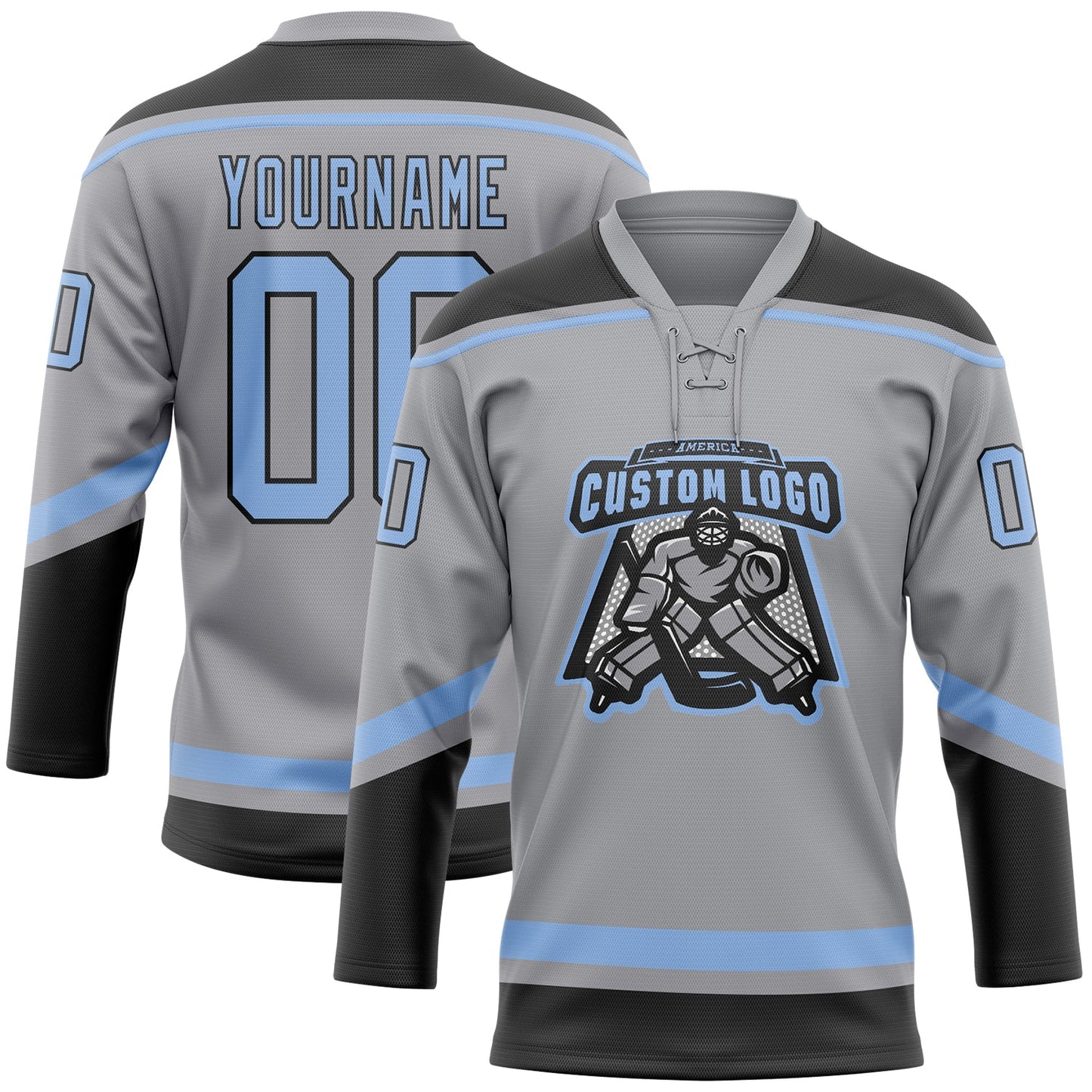 Custom Gray Light Blue-Black Hockey Lace Neck Jersey view 2