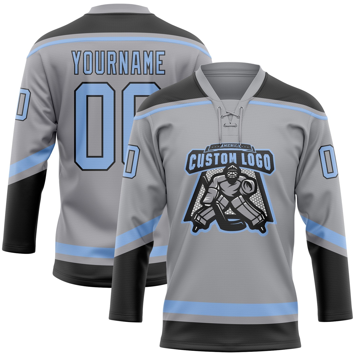 Custom Gray Light Blue-Black Hockey Lace Neck Jersey view 2