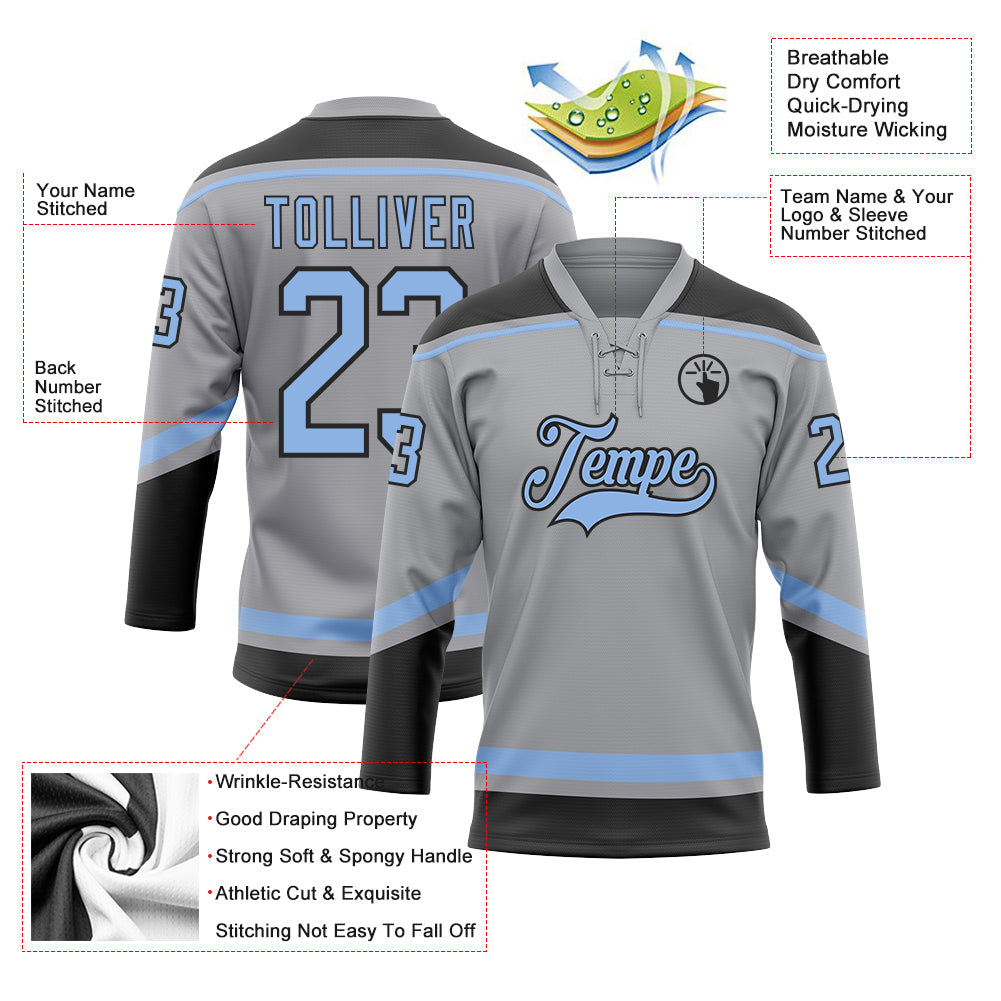 Custom Gray Light Blue-Black Hockey Lace Neck Jersey view 3