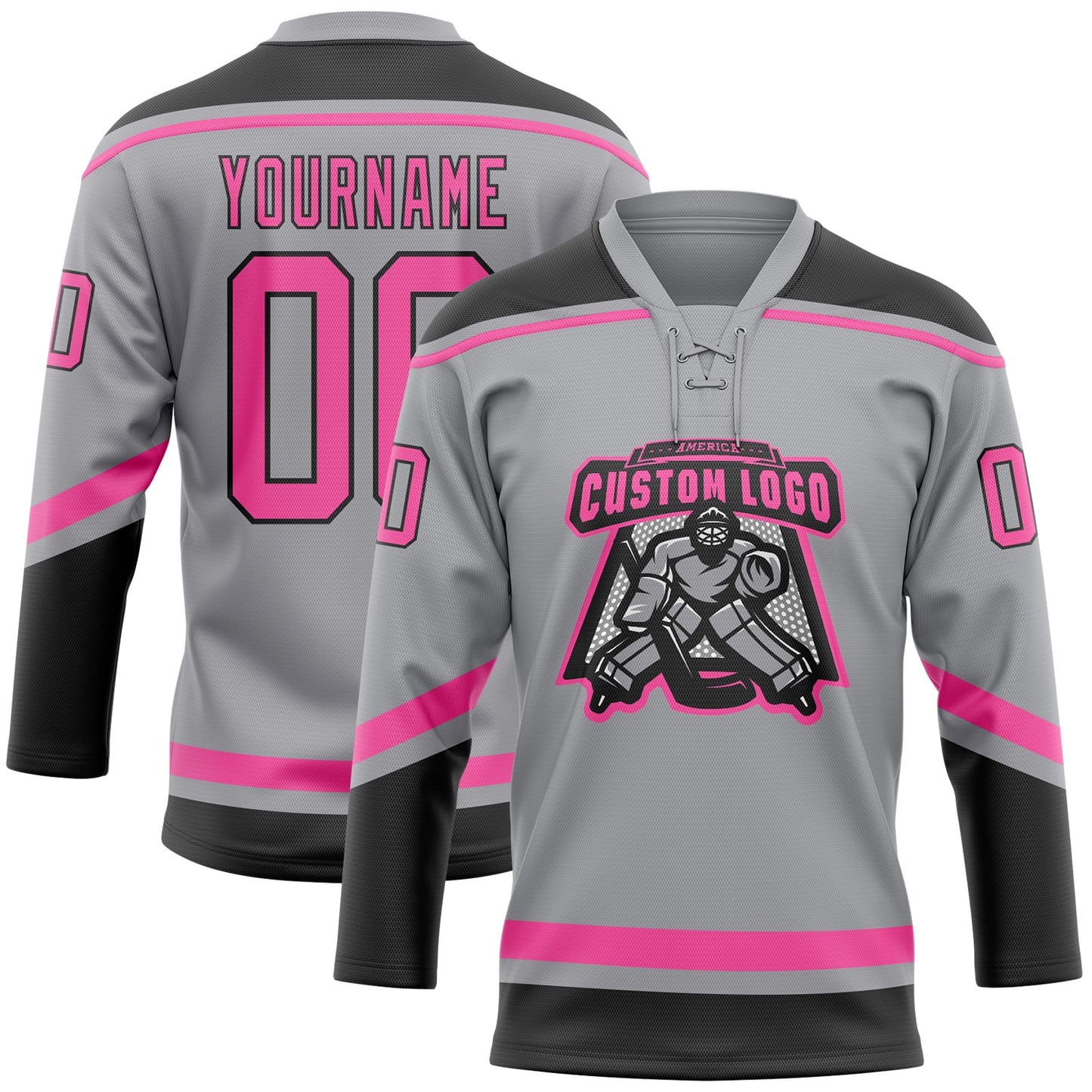 Custom Gray Pink-Black Hockey Lace Neck Jersey view 2