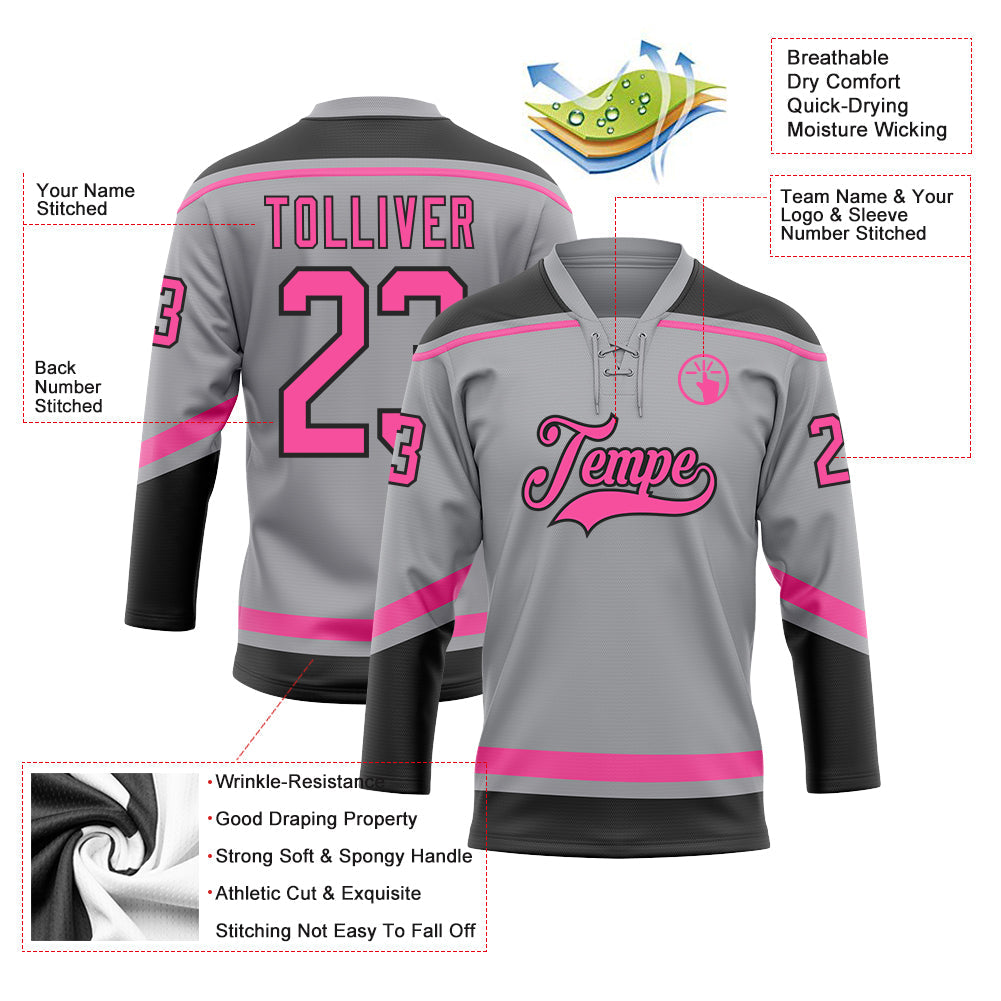 Custom Gray Pink-Black Hockey Lace Neck Jersey view 3
