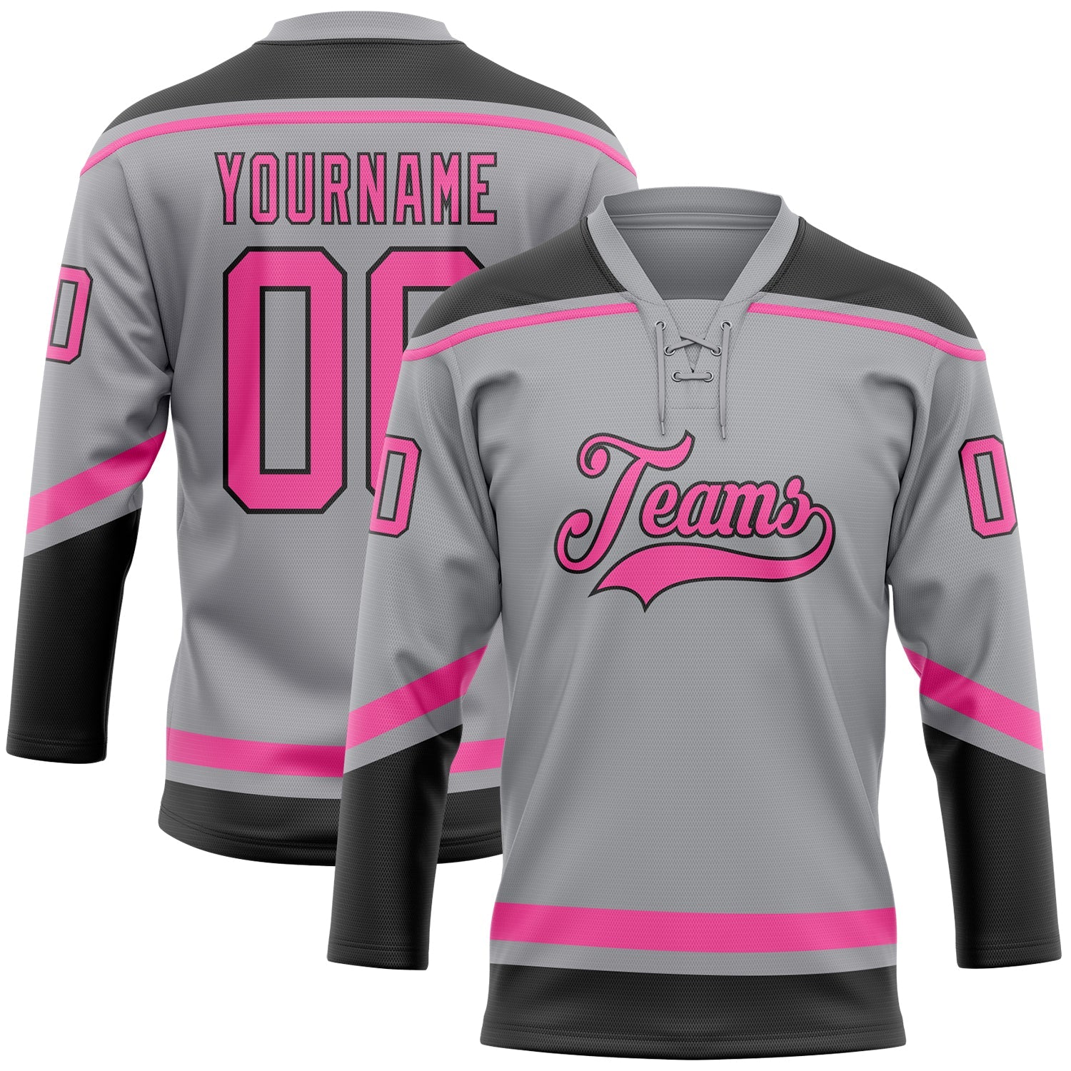 Custom Gray Pink-Black Hockey Lace Neck Jersey - Main View