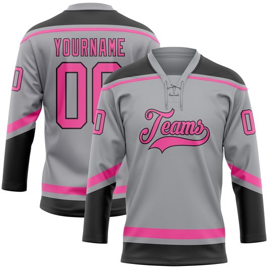 Custom Gray Pink-Black Hockey Lace Neck Jersey - Main View