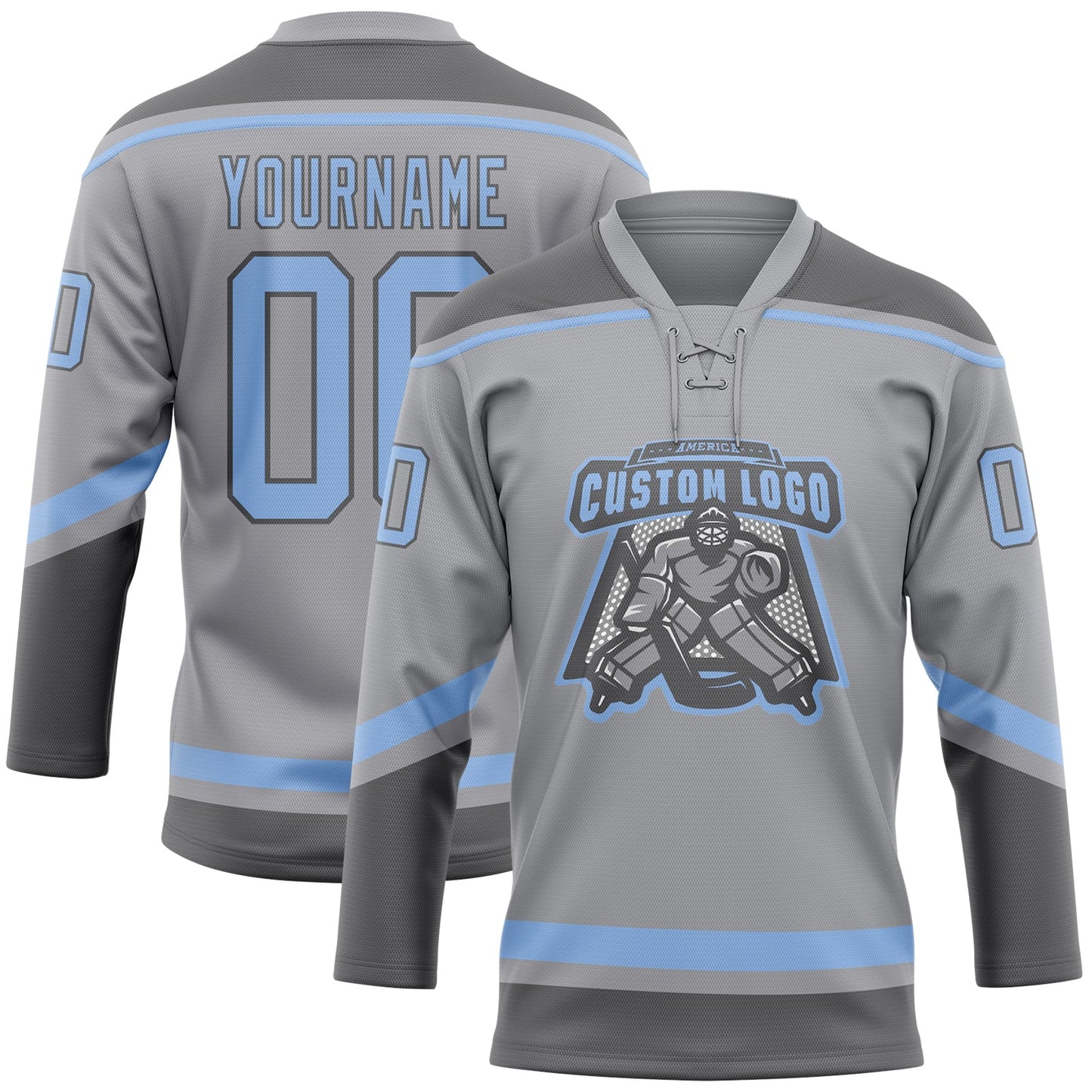Custom Gray Light Blue-Steel Gray Hockey Lace Neck Jersey view 2