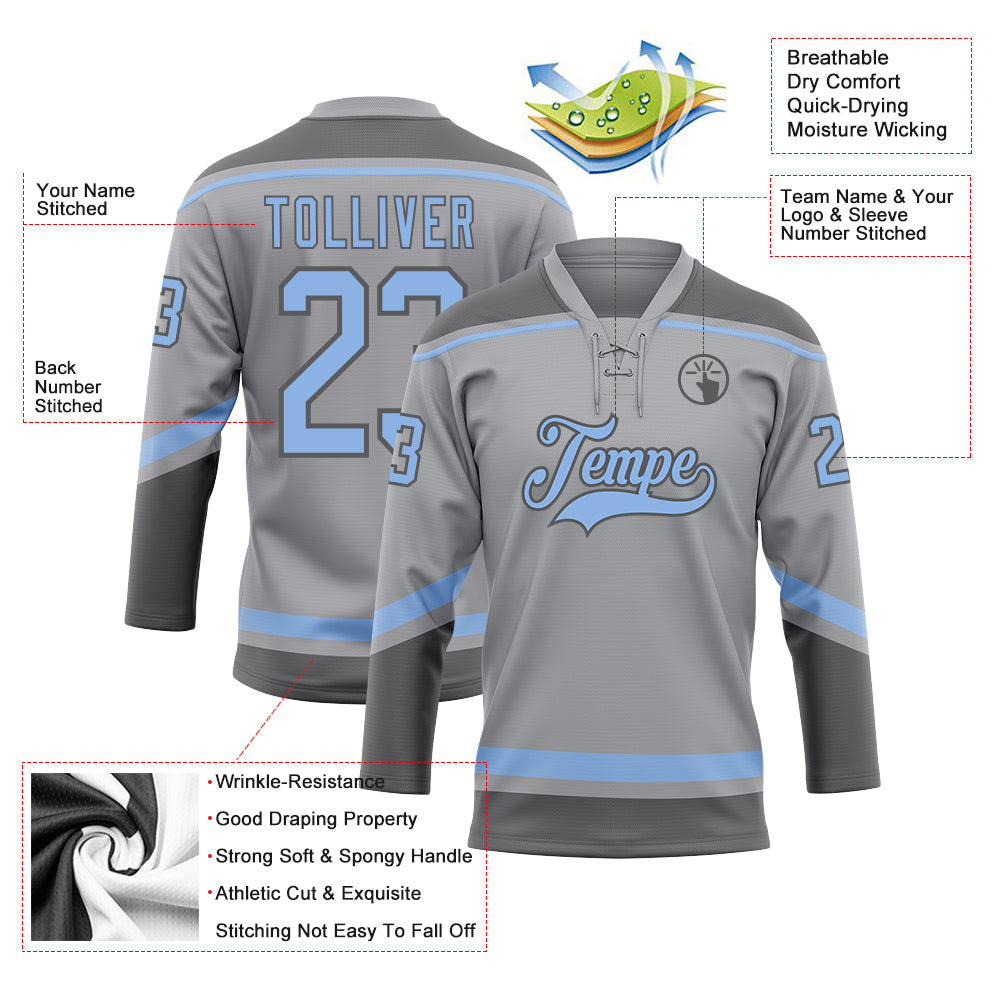 Custom Gray Light Blue-Steel Gray Hockey Lace Neck Jersey view 3