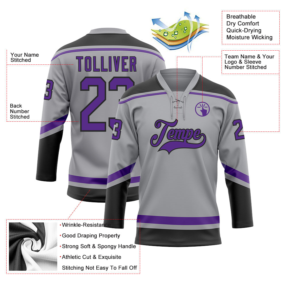 Custom Gray Purple-Black Hockey Lace Neck Jersey view 3
