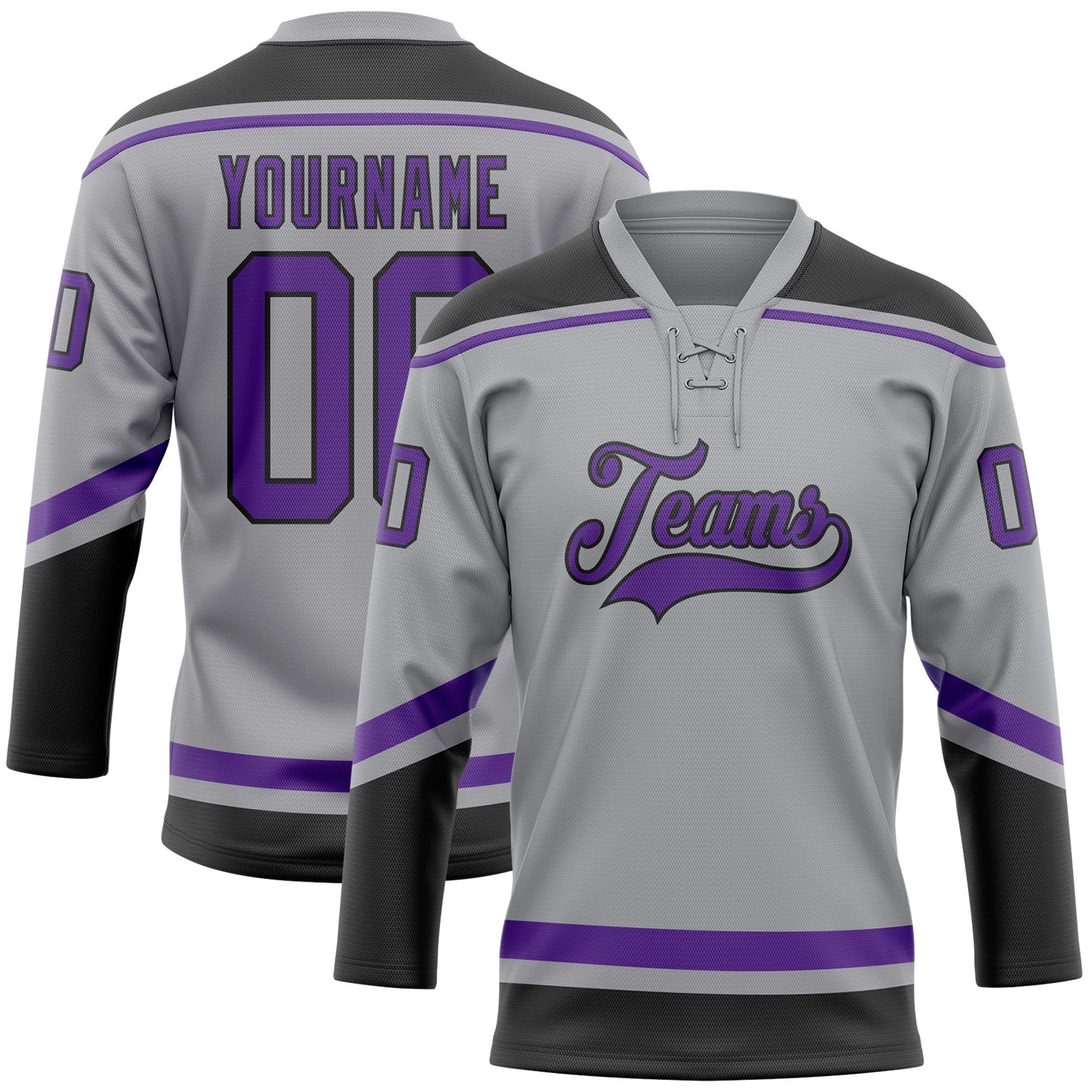 Custom Gray Purple-Black Hockey Lace Neck Jersey - Main View
