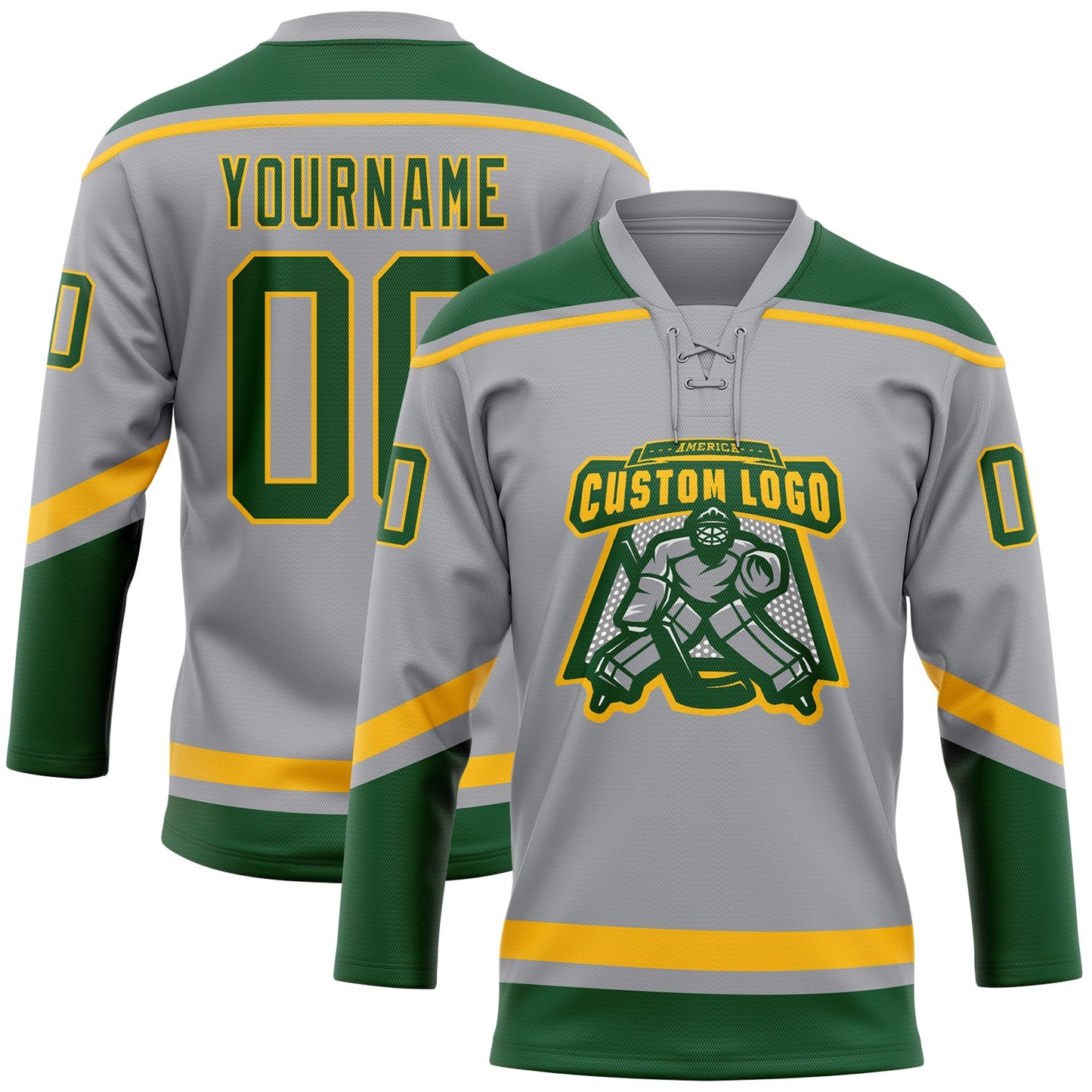 Custom Gray Green-Gold Hockey Lace Neck Jersey view 2