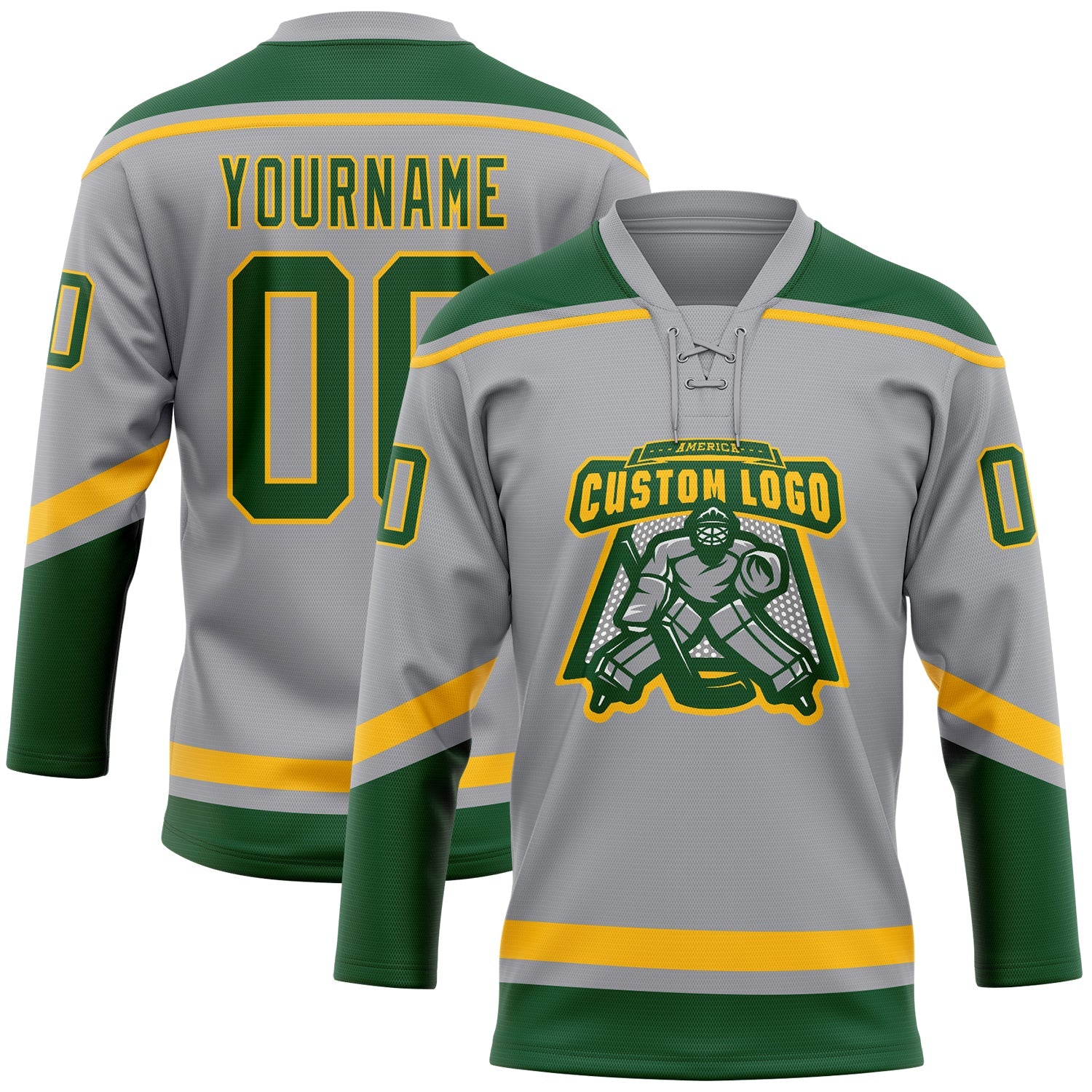 Custom Gray Green-Gold Hockey Lace Neck Jersey view 2