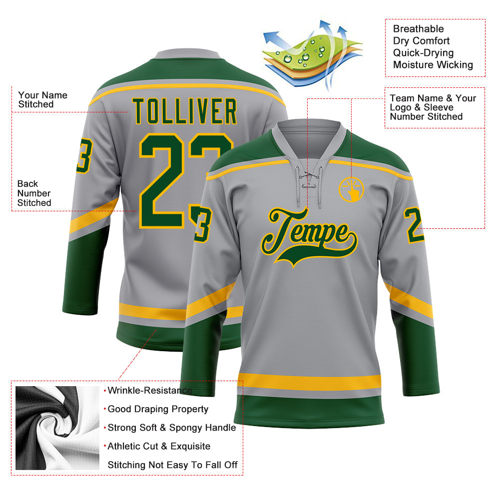 Custom Gray Green-Gold Hockey Lace Neck Jersey view 3