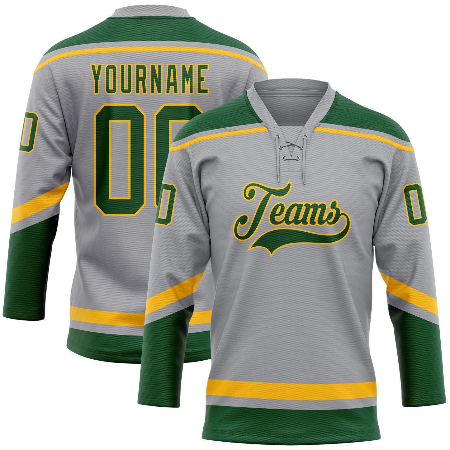 Custom Gray Green-Gold Hockey Lace Neck Jersey - Main View