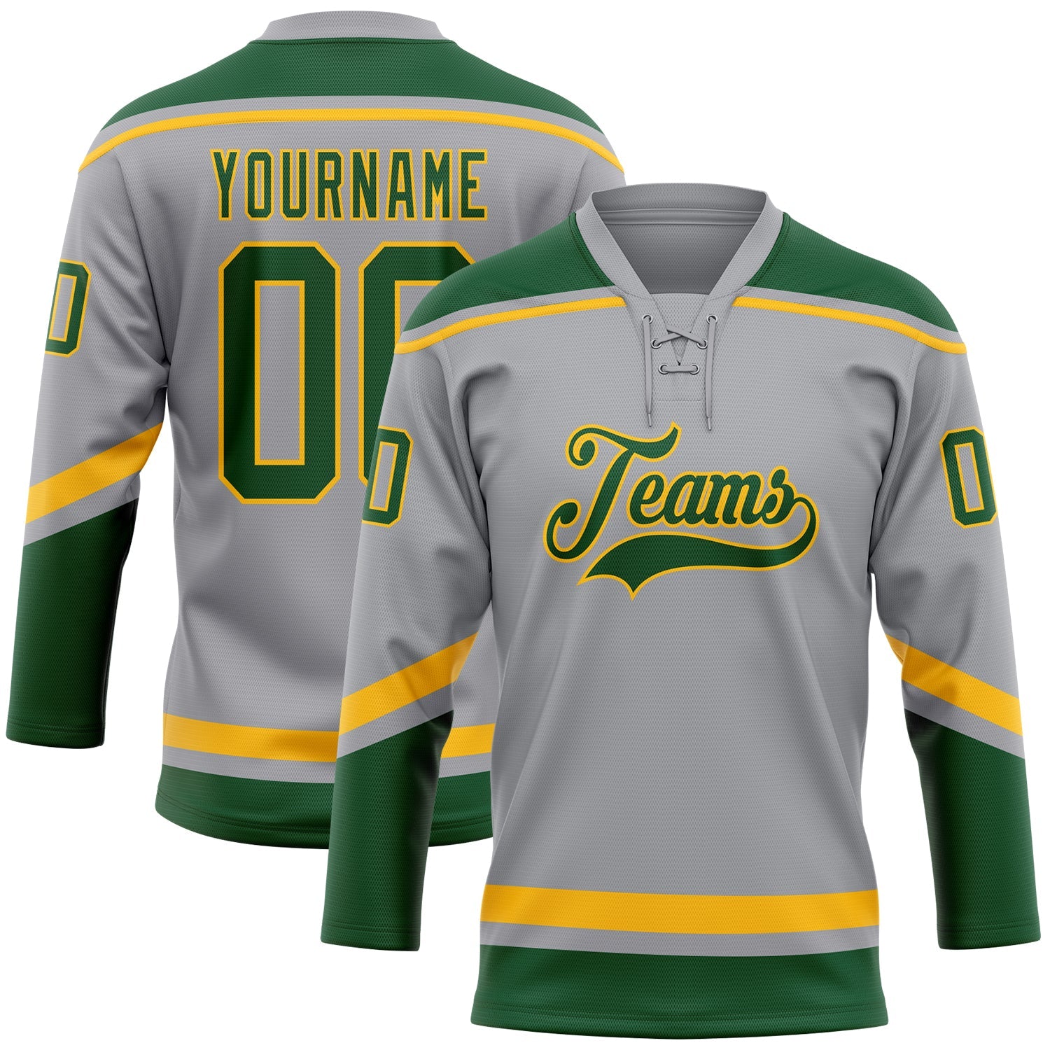 Custom Gray Green-Gold Hockey Lace Neck Jersey - Main View