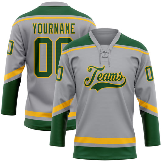 Custom Gray Green-Gold Hockey Lace Neck Jersey - Main View