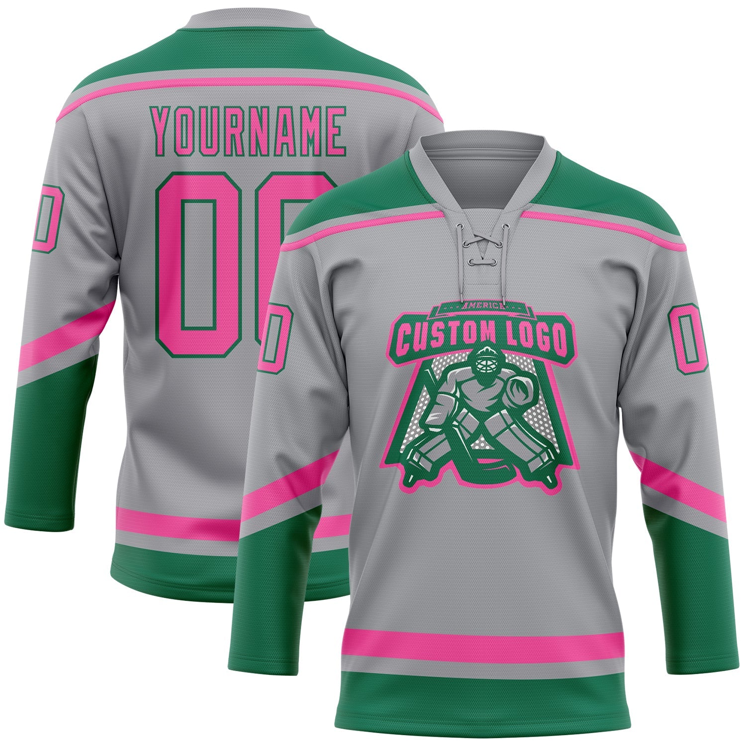 Custom Gray Pink-Kelly Green Hockey Lace Neck Jersey view 2