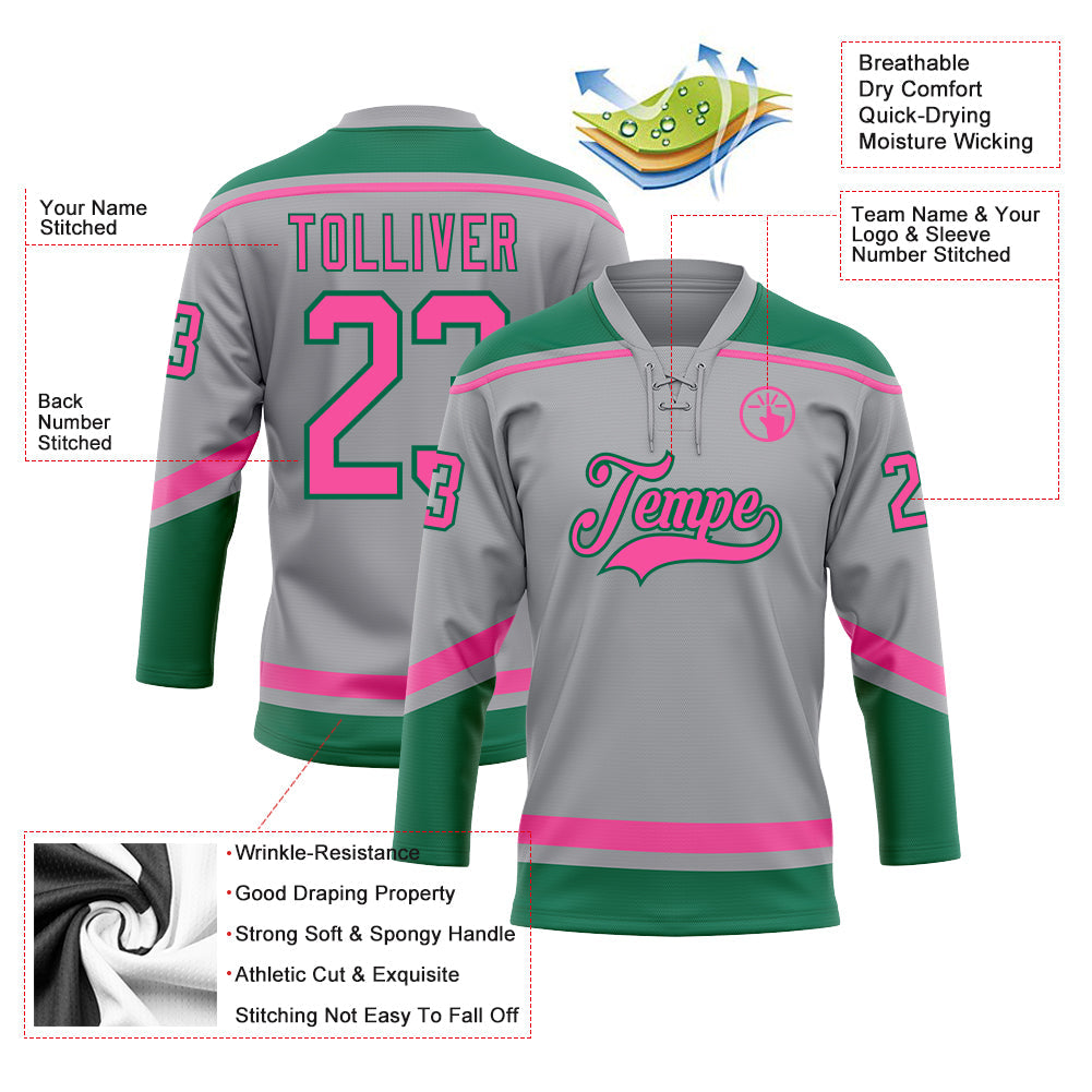 Custom Gray Pink-Kelly Green Hockey Lace Neck Jersey view 3