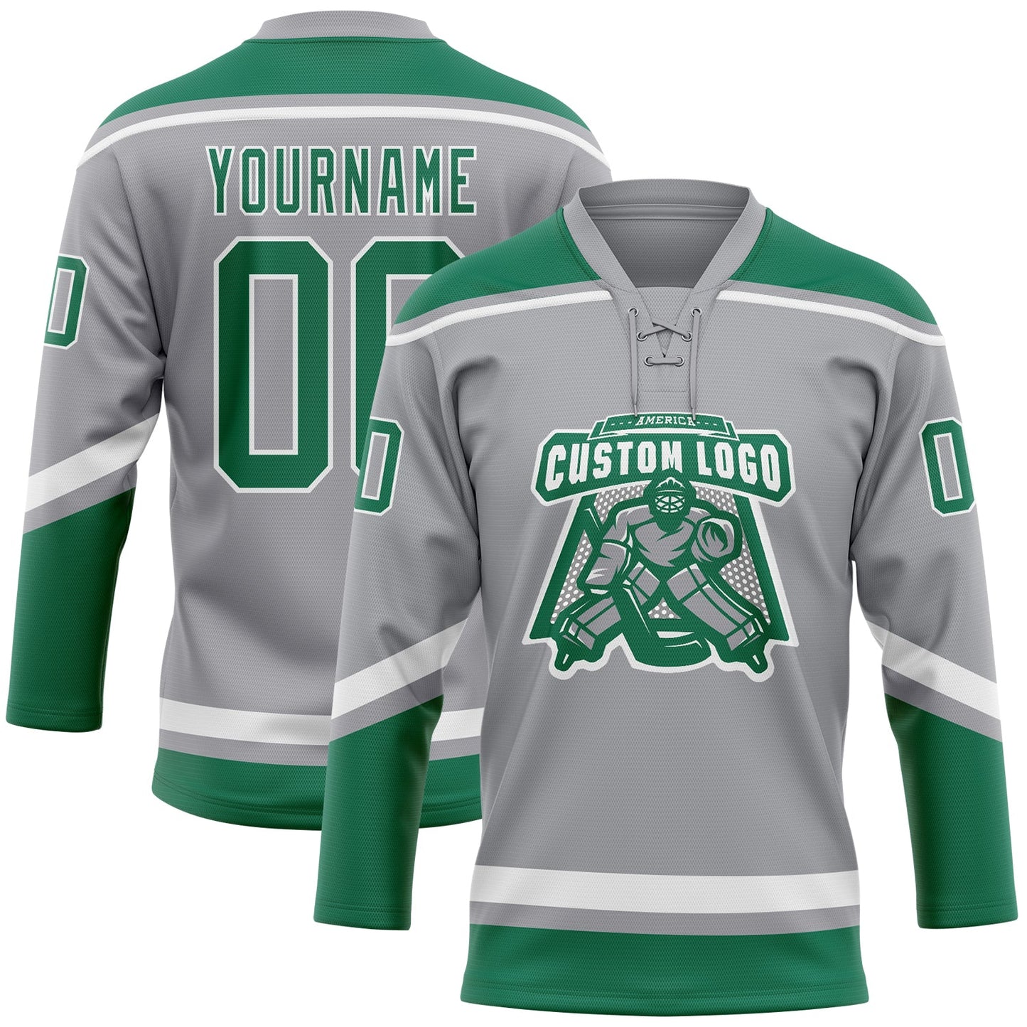 Custom Gray Kelly Green-White Hockey Lace Neck Jersey view 2