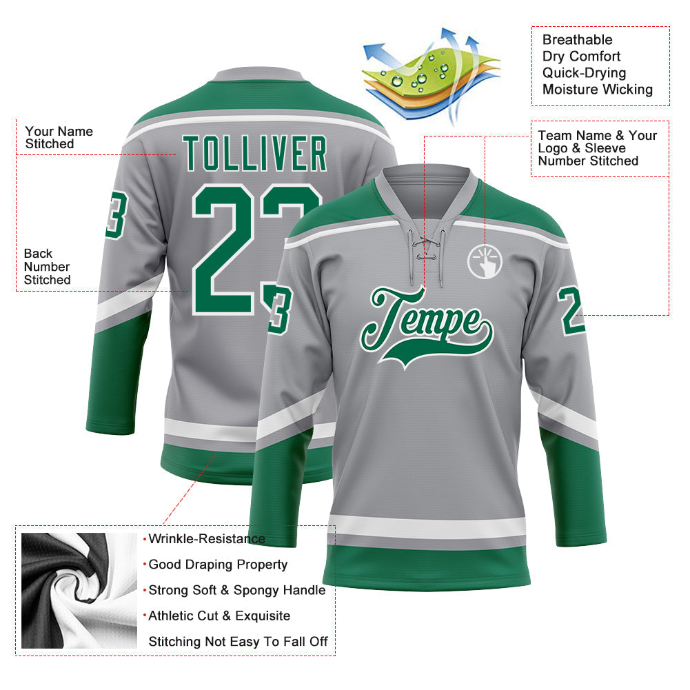 Custom Gray Kelly Green-White Hockey Lace Neck Jersey view 3