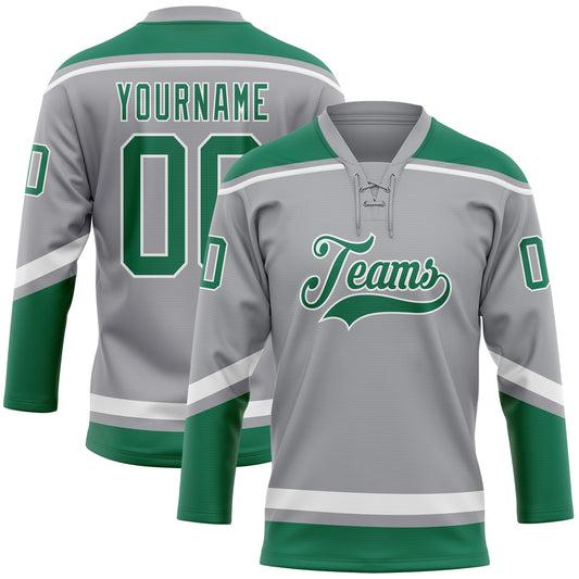 Custom Gray Kelly Green-White Hockey Lace Neck Jersey - Main View