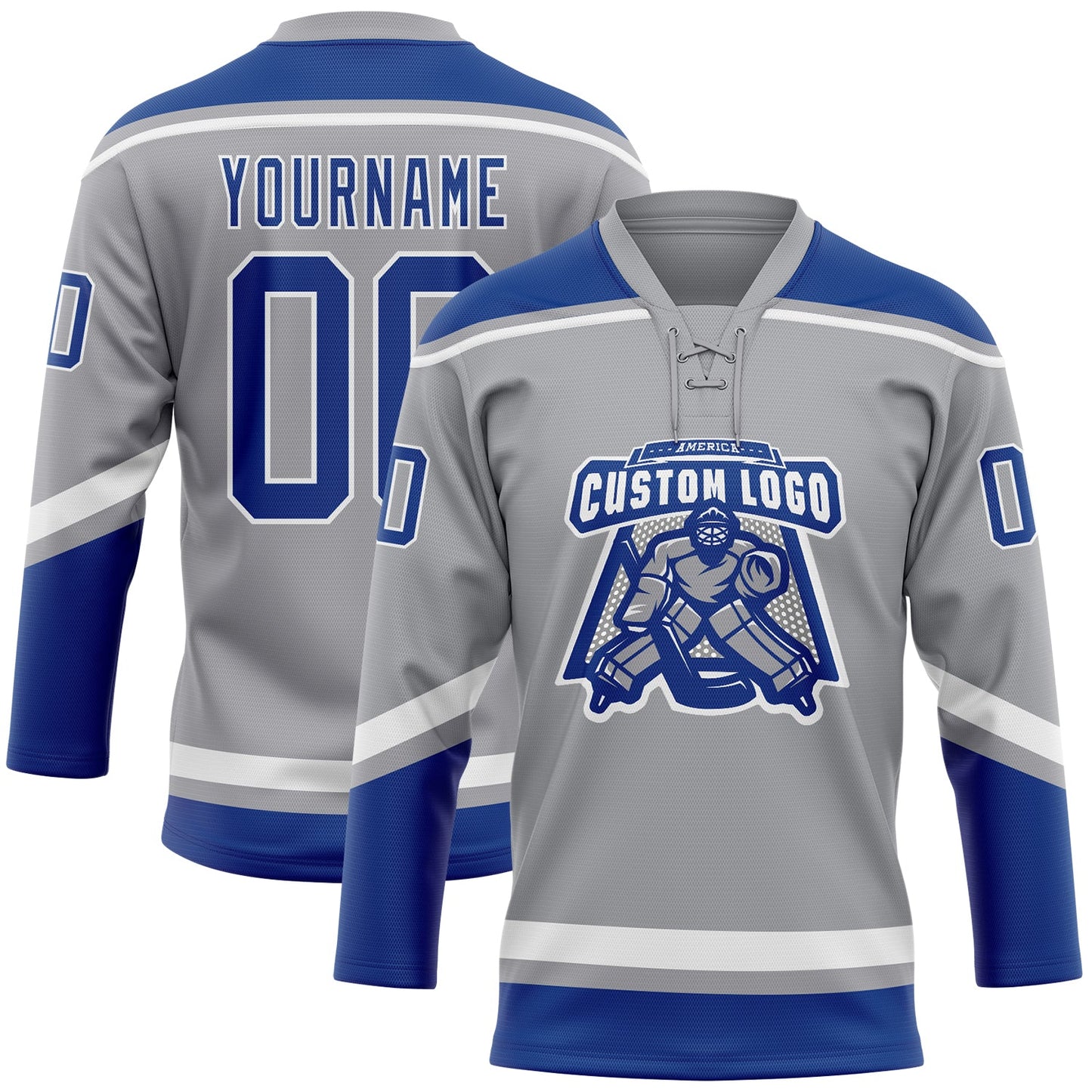 Custom Gray Royal-White Hockey Lace Neck Jersey view 2