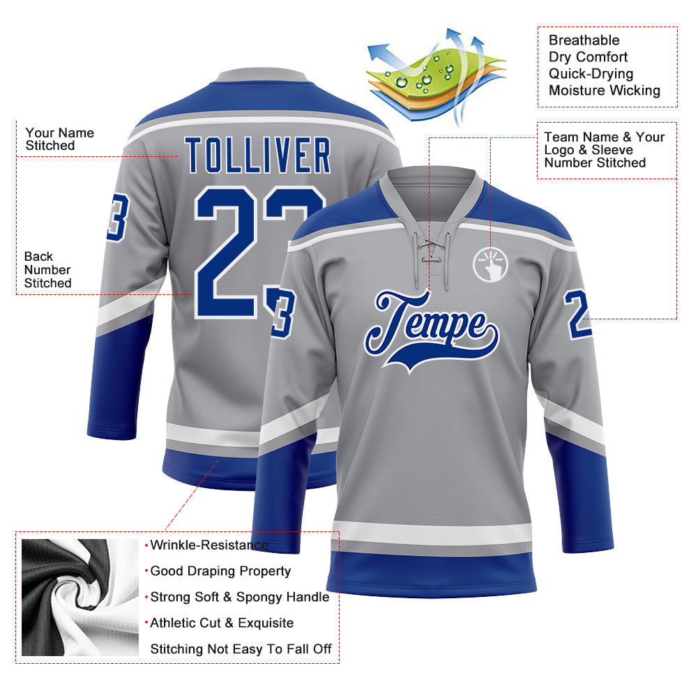 Custom Gray Royal-White Hockey Lace Neck Jersey view 3