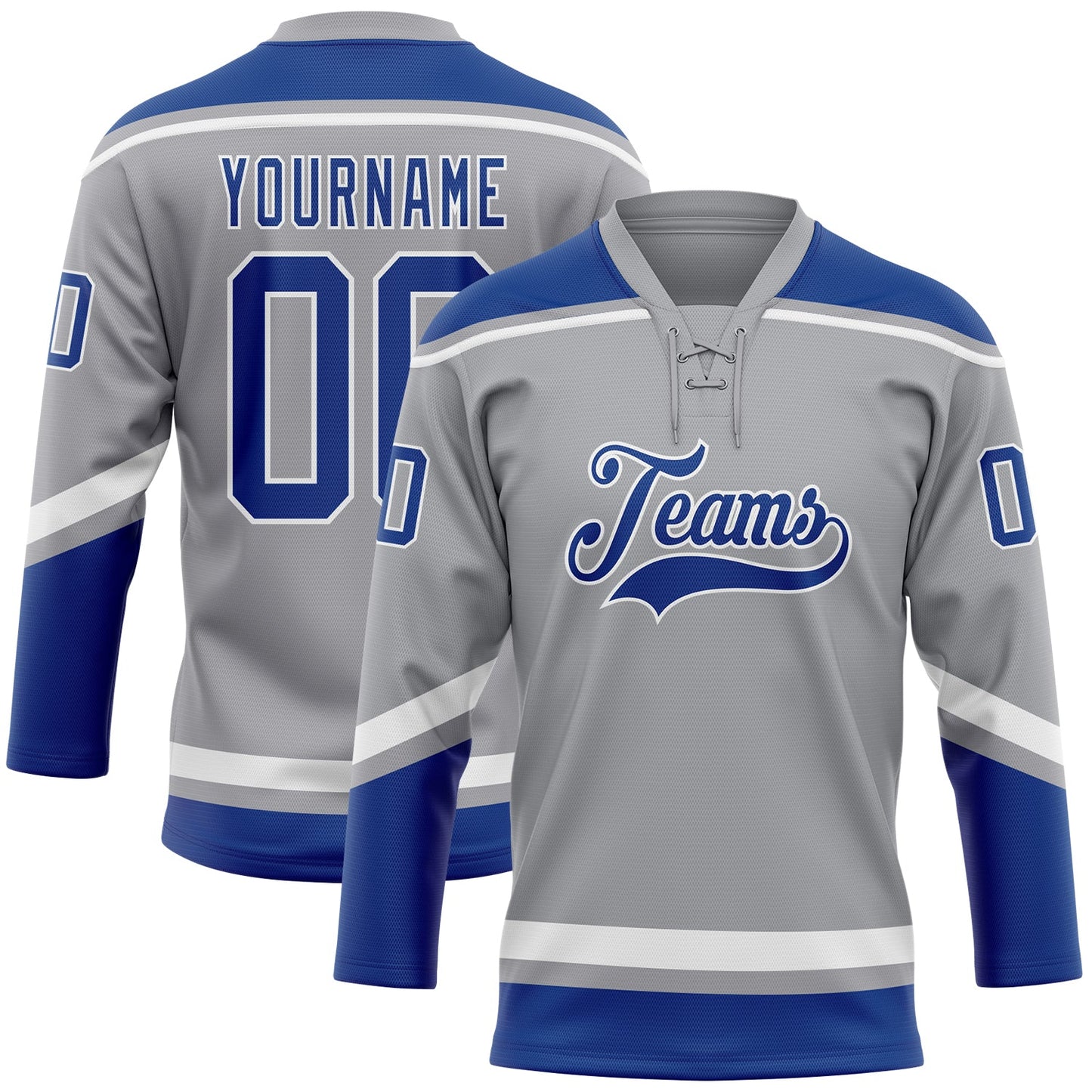 Custom Gray Royal-White Hockey Lace Neck Jersey - Main View