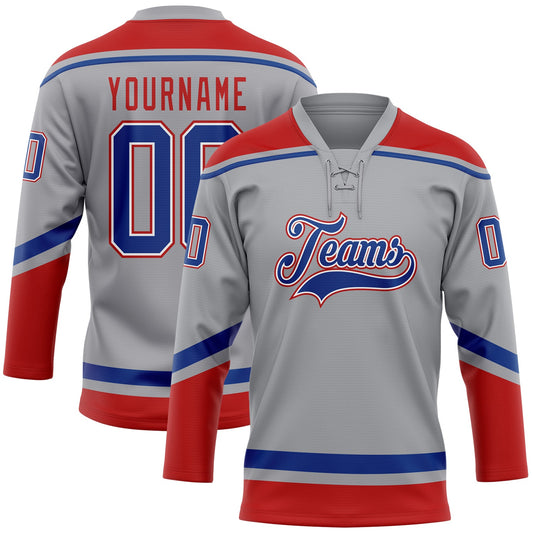 Custom Gray Royal-Red Hockey Lace Neck Jersey - Main View