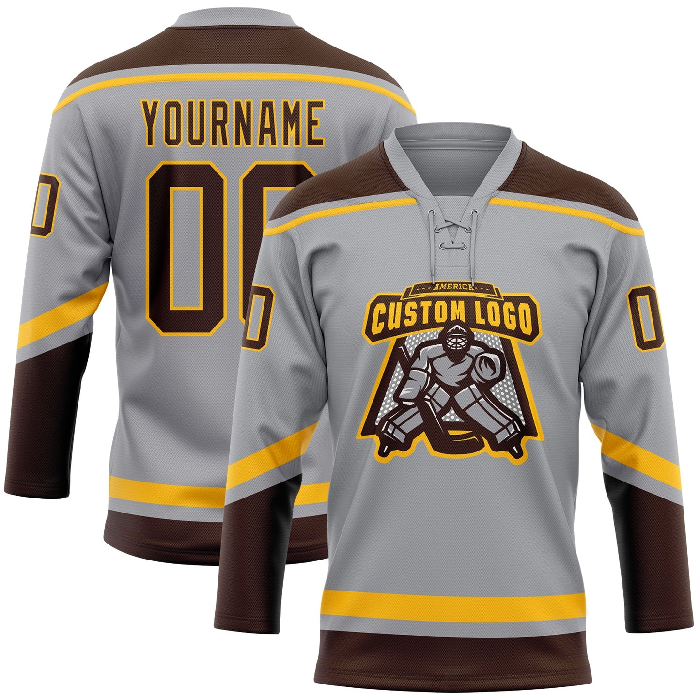 Custom Gray Brown-Gold Hockey Lace Neck Jersey view 2