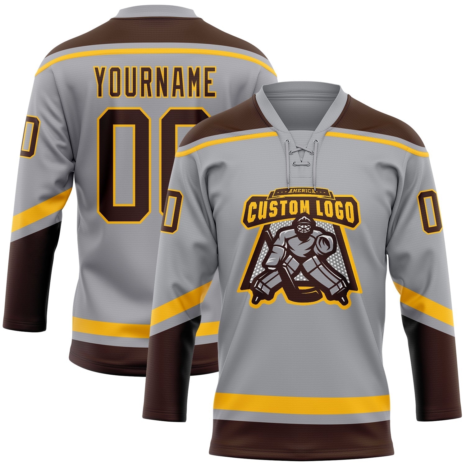 Custom Gray Brown-Gold Hockey Lace Neck Jersey view 2