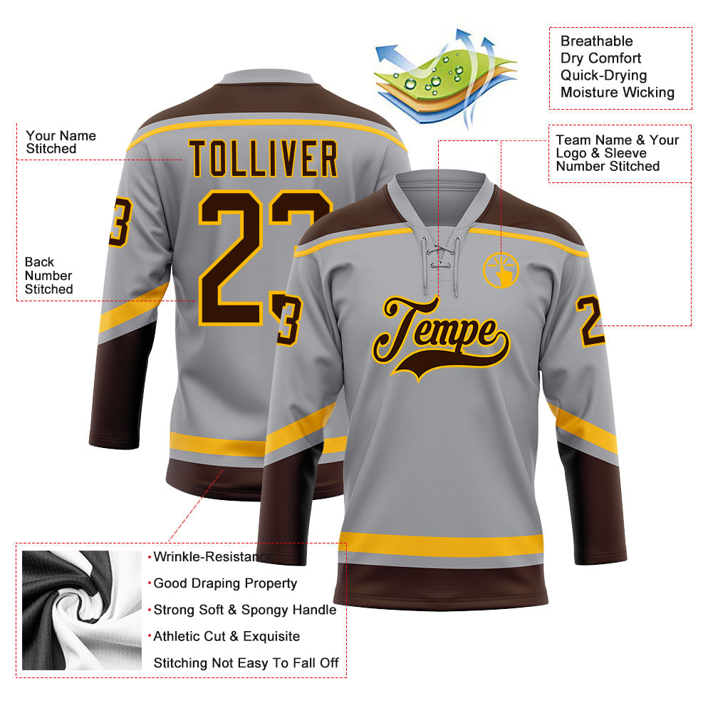 Custom Gray Brown-Gold Hockey Lace Neck Jersey view 3