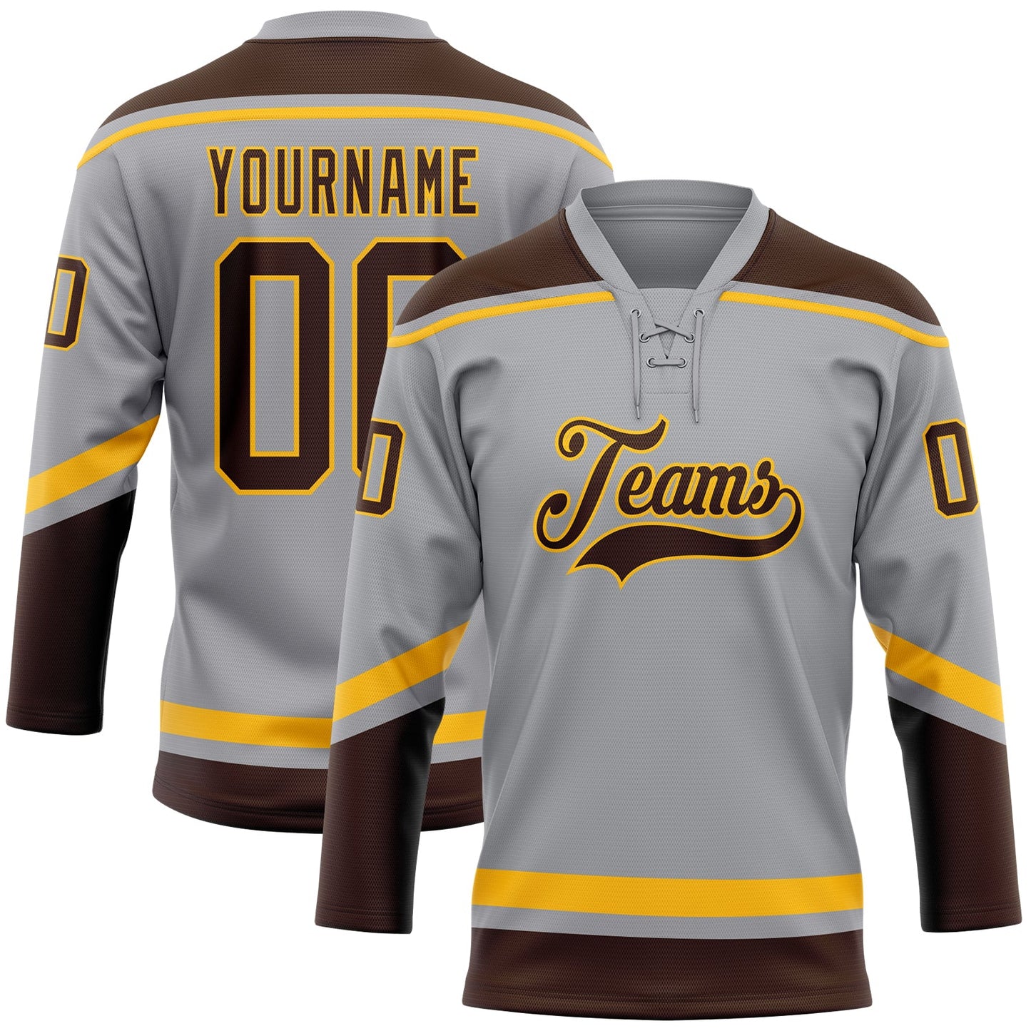 Custom Gray Brown-Gold Hockey Lace Neck Jersey - Main View