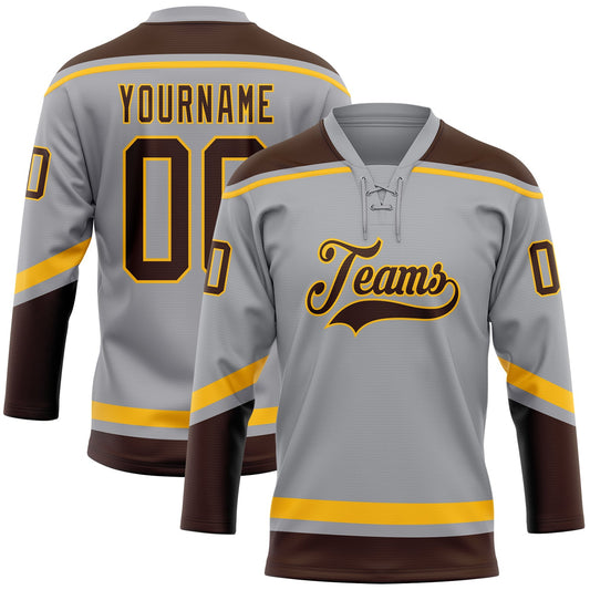 Custom Gray Brown-Gold Hockey Lace Neck Jersey - Main View