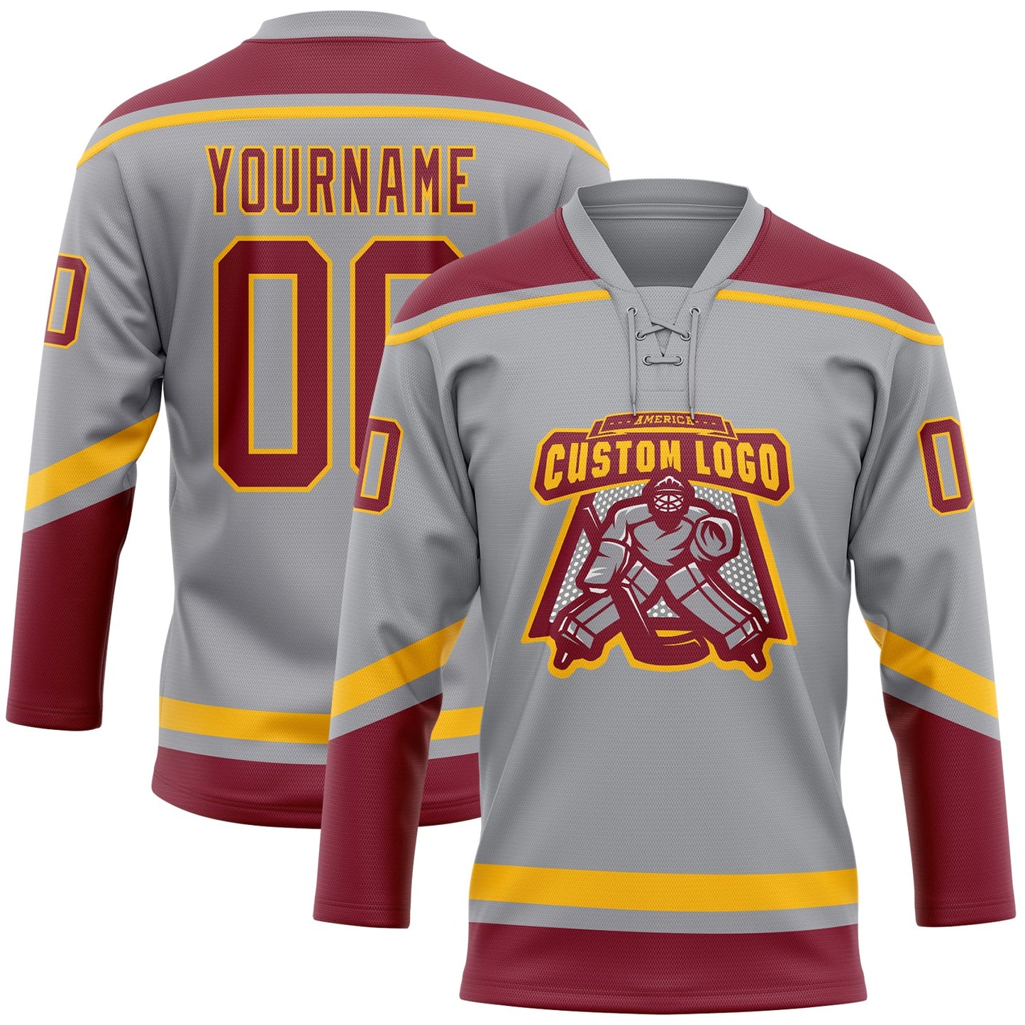 Custom Gray Crimson-Gold Hockey Lace Neck Jersey view 2