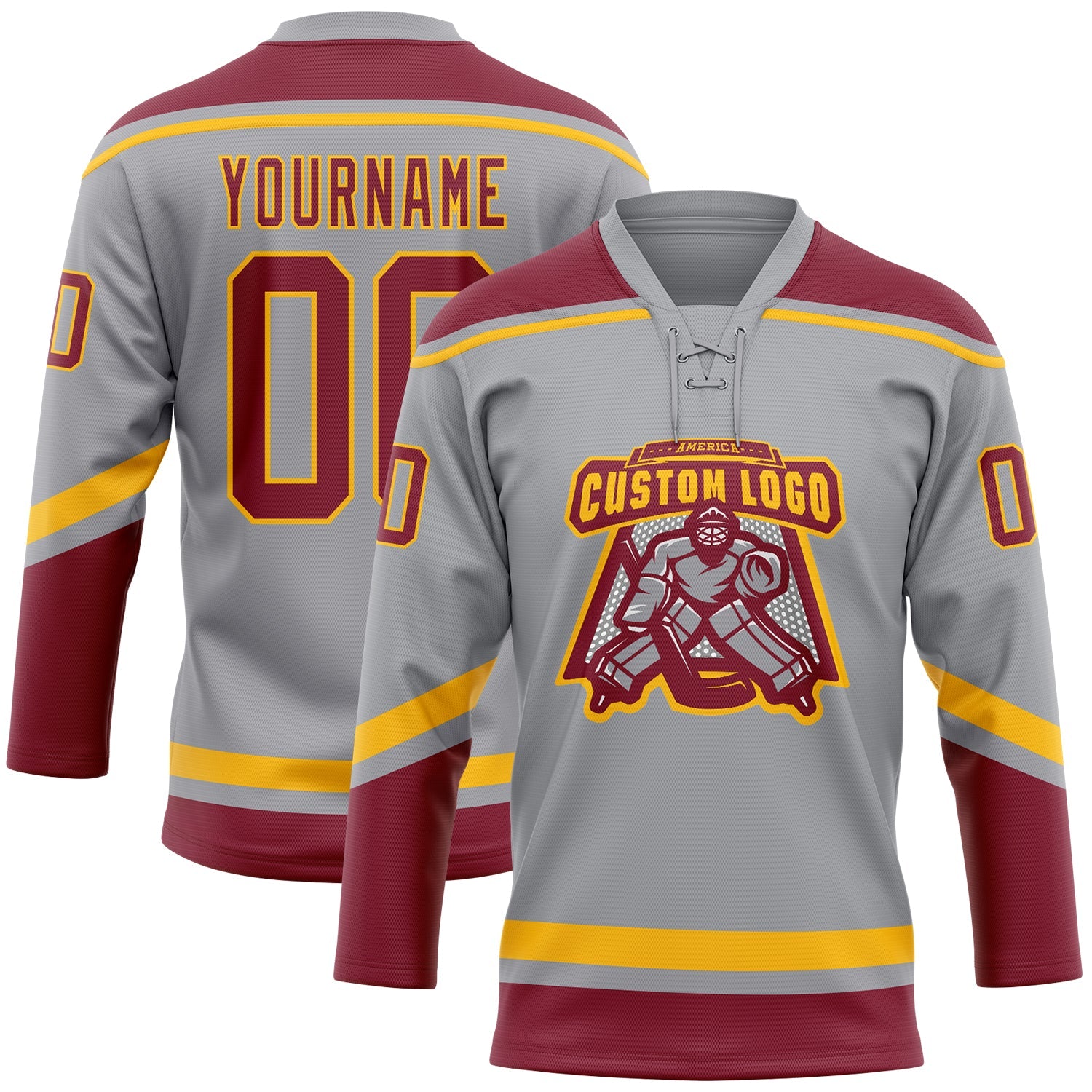 Custom Gray Crimson-Gold Hockey Lace Neck Jersey view 2