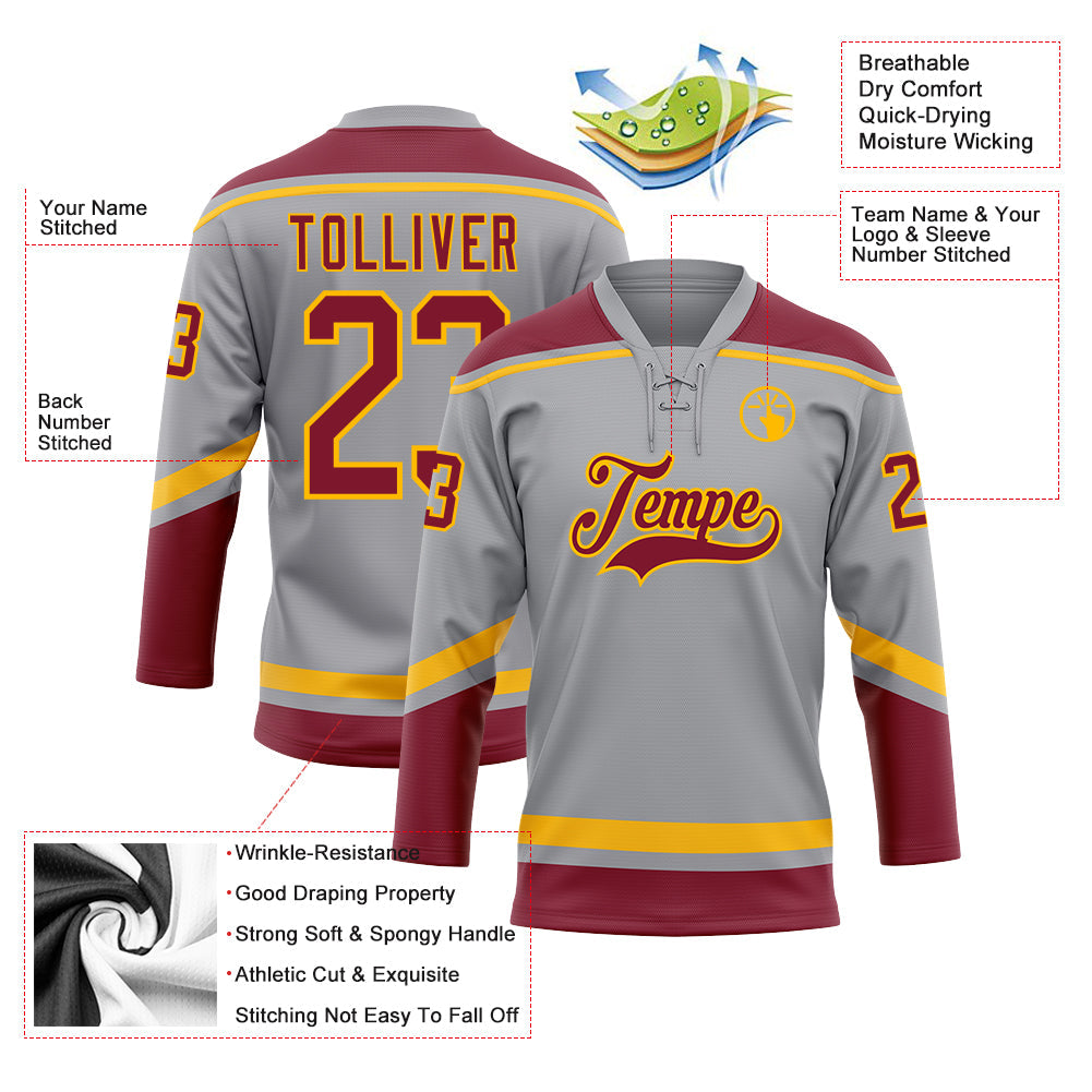 Custom Gray Crimson-Gold Hockey Lace Neck Jersey view 3